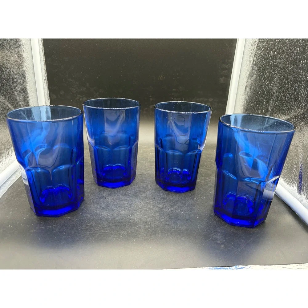 Crisa Cobalt Blue Glass Tumblers Set of 4 Octagonal Base Drinking Glasses 5.5in